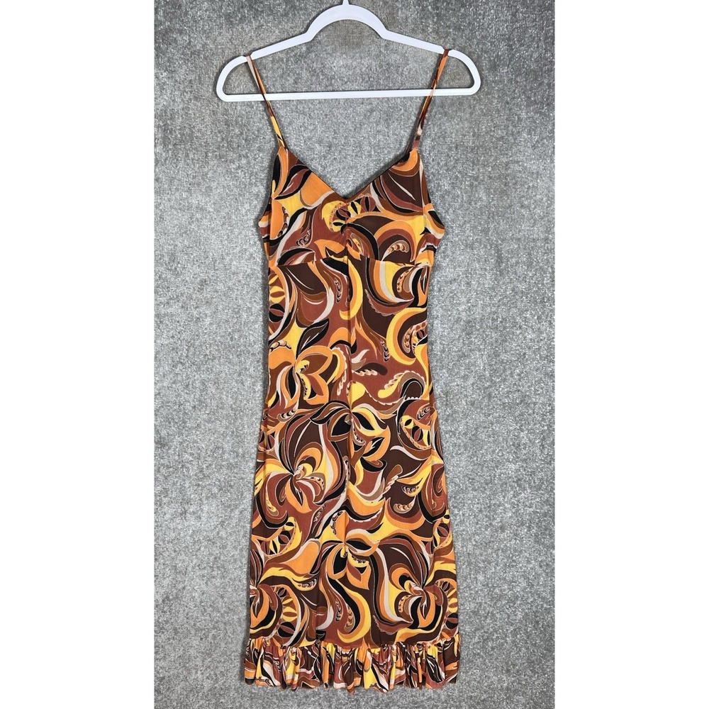Ultra Flirt Y2K Inspired Babydoll Midi Dress Womens Sz L Orange Swirl Ruffle Hem